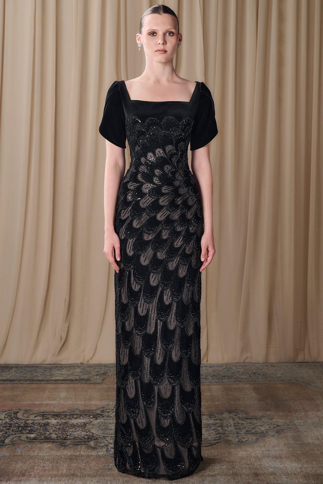 Load and play video in Gallery viewer, Embroidered Tulle Column Gown with Crepe Sleeves
