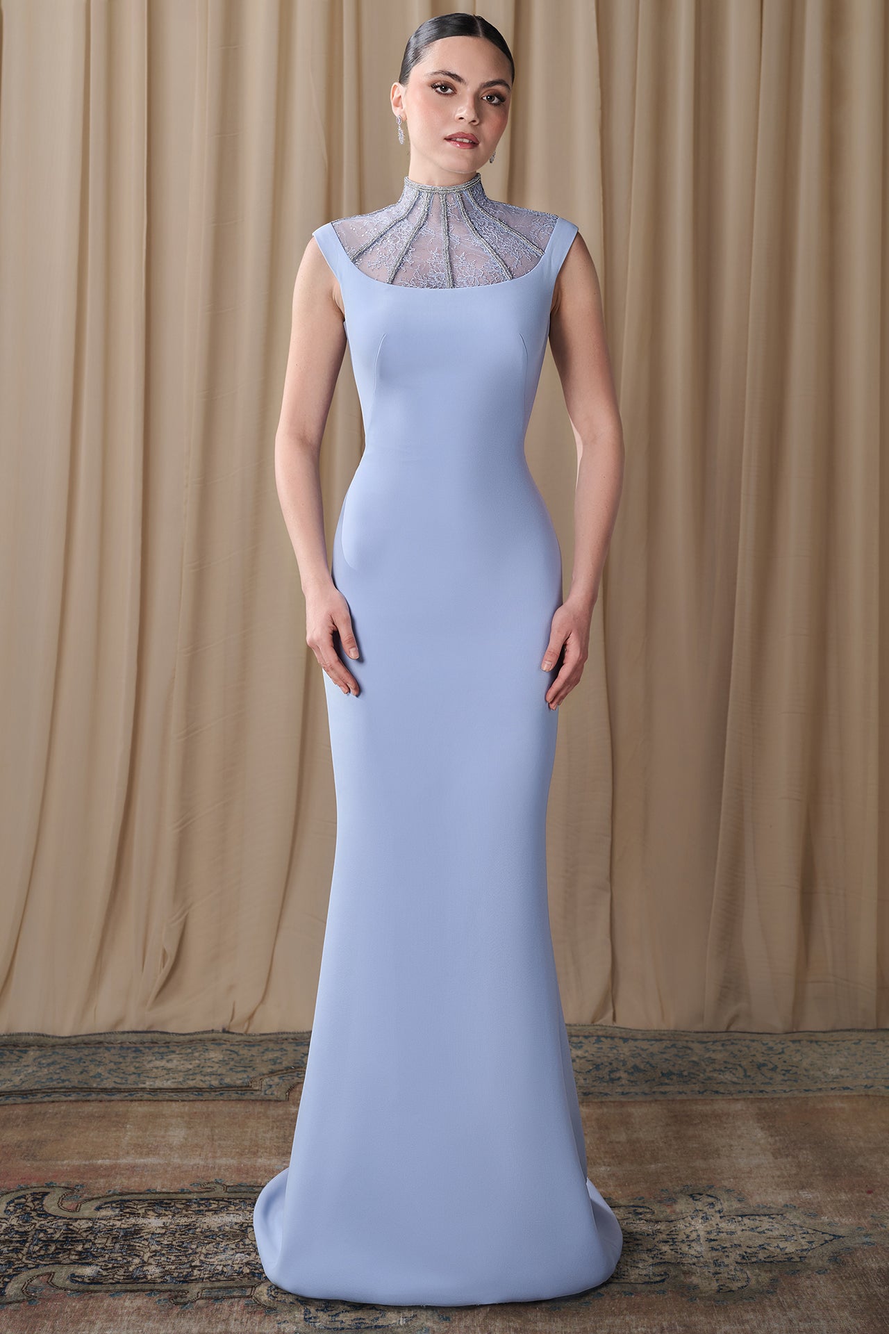 Load and play video in Gallery viewer, Crepe Column Gown with Embroidered Illusion Collar
