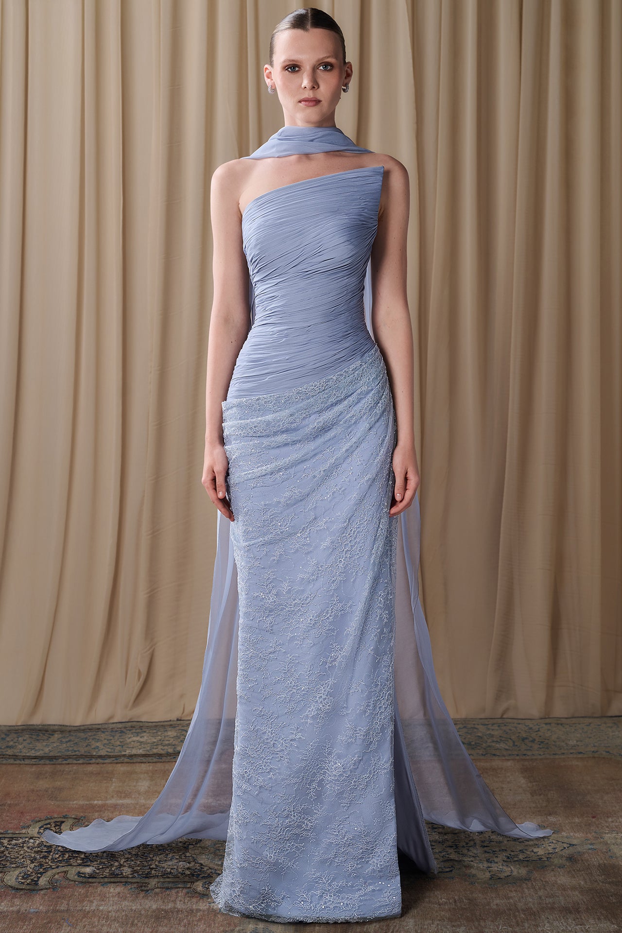 Load and play video in Gallery viewer, Draped One-Shoulder Chiffon Gown with Cape
