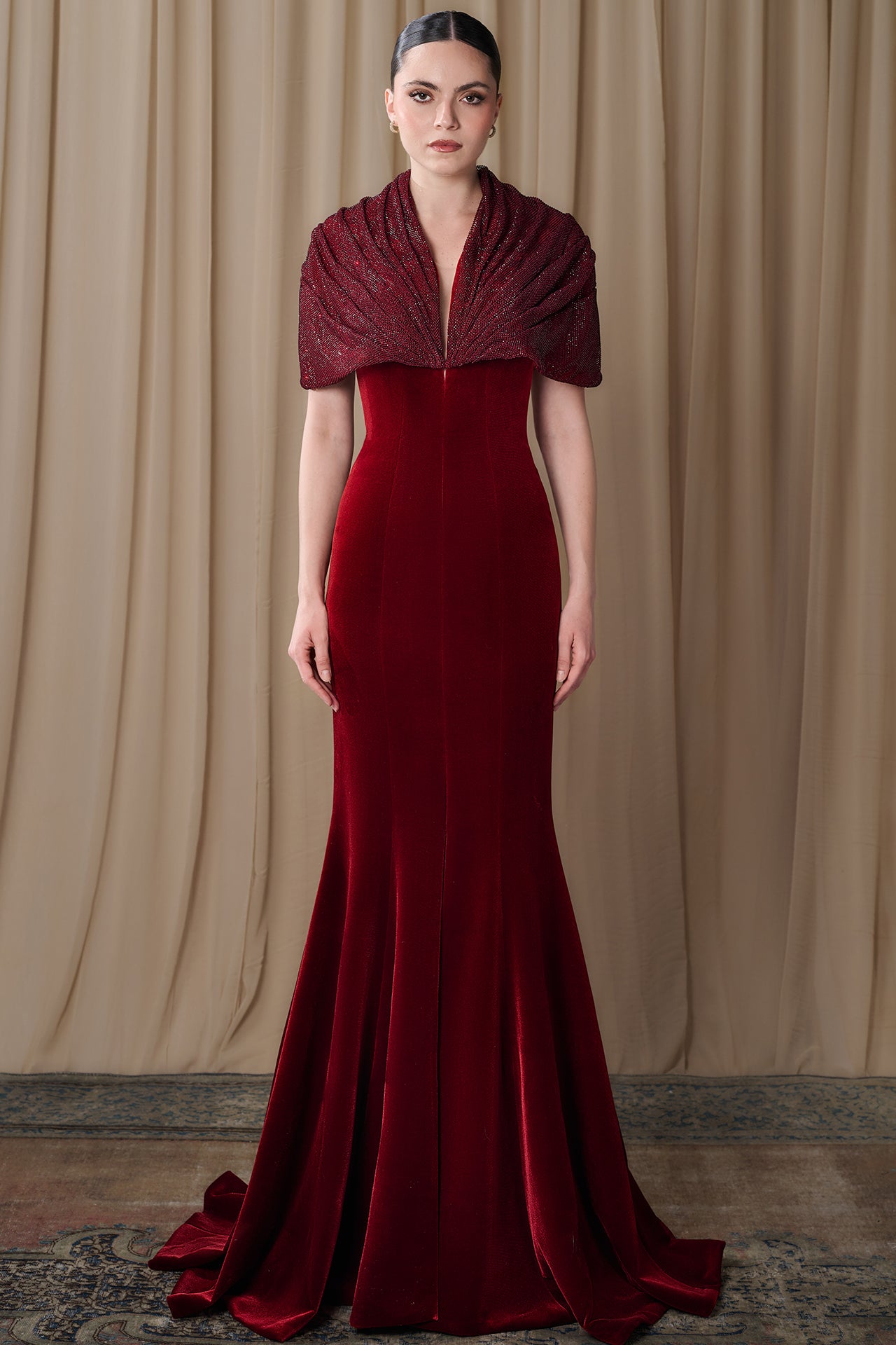 Load and play video in Gallery viewer, Velvet Gown with Draped Shawl Collar
