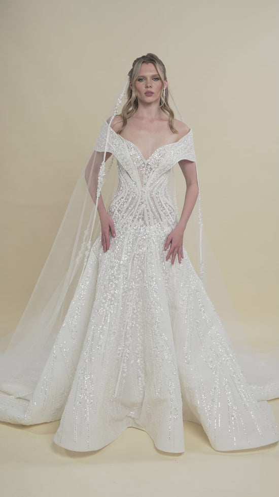 Load and play video in Gallery viewer, V-Neck Off-Shoulder Bridal Gown with Geometric Beading and Chapel Train
