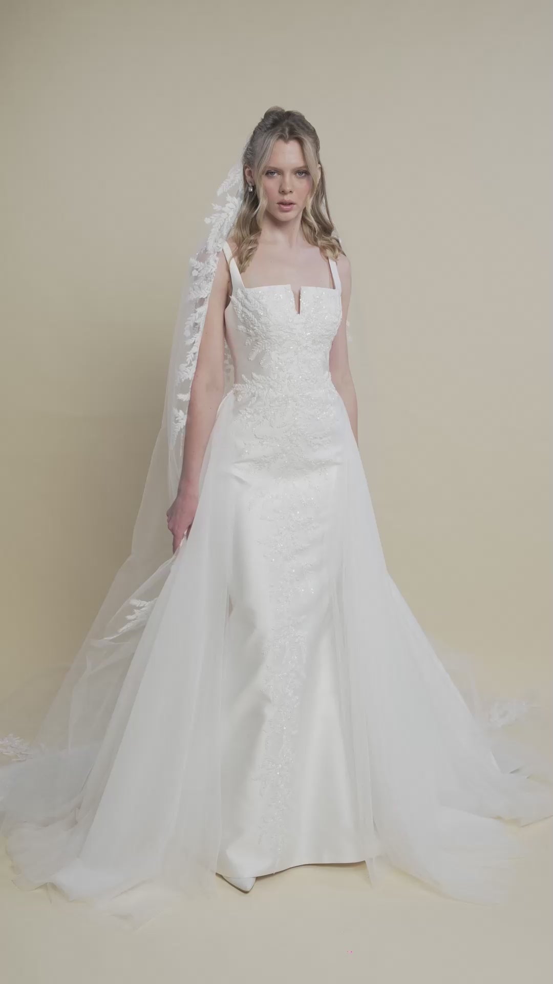 Load and play video in Gallery viewer, Embroidered Bridal Gown with Detachable Overskirt and Cathedral Veil
