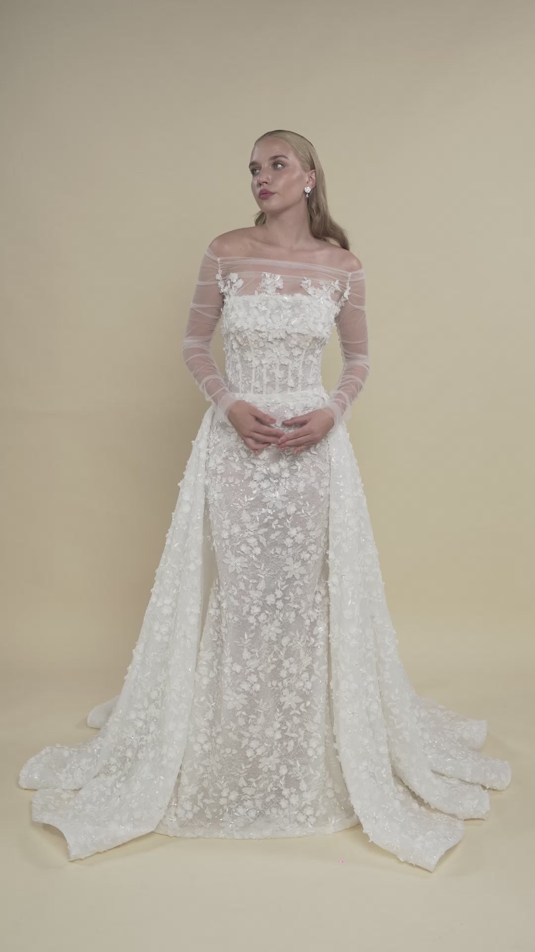 Load and play video in Gallery viewer, Mermaid Bridal Gown with Detachable Overskirt and Cathedral Train
