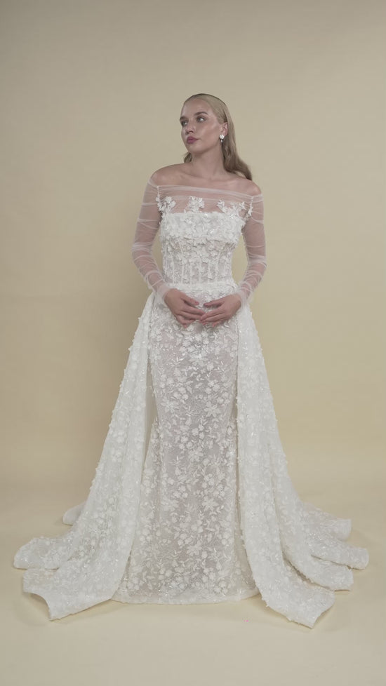 Load and play video in Gallery viewer, Mermaid Bridal Gown with Detachable Overskirt and Cathedral Train
