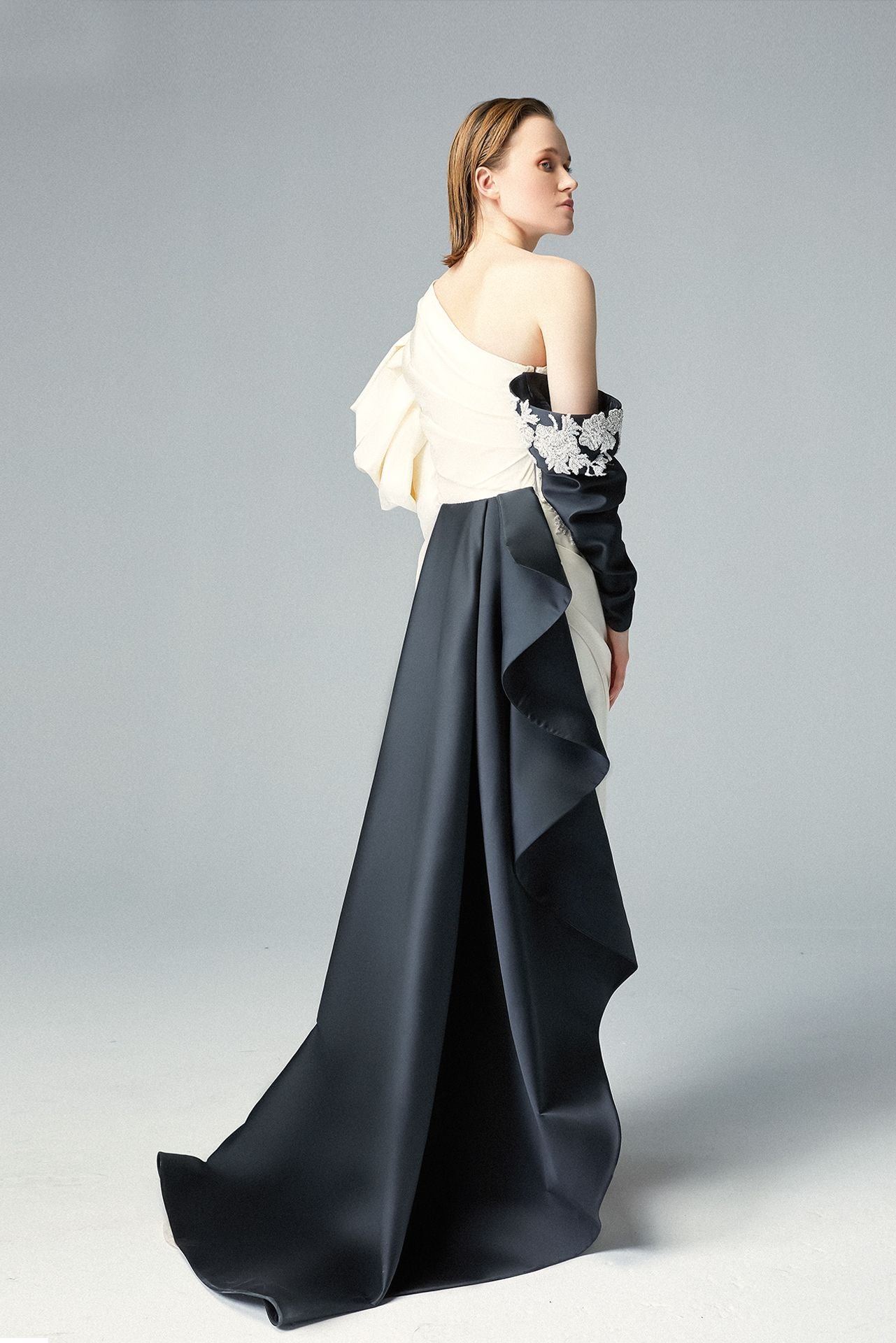 Black and Off-white Evening Dress & Floral Swarovski Embroidery & Black Cascading Over-skirt