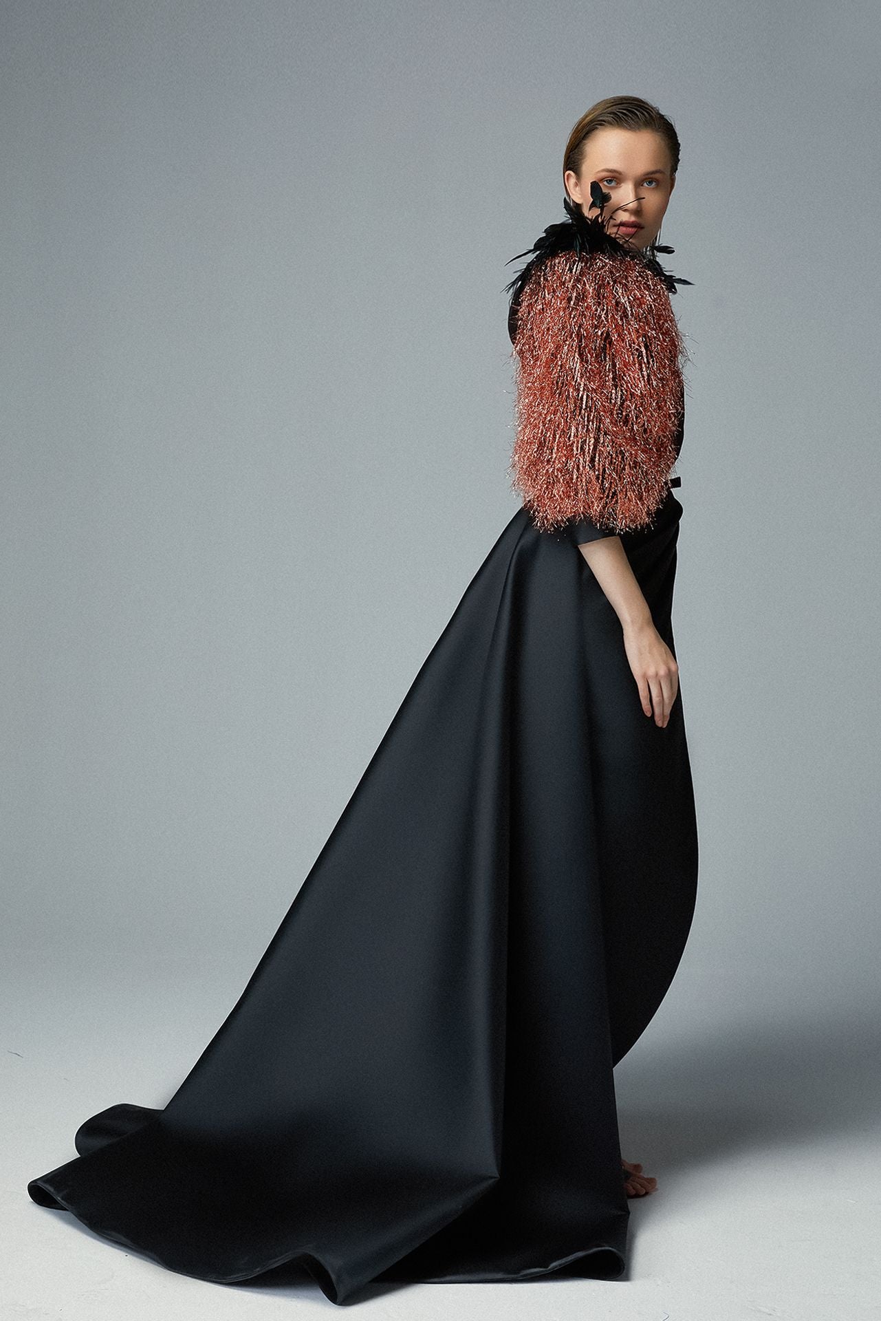 Puff Copper Organza Lurex Sleeve & One Shoulder Feather Ornament Black Cady Evening Dress