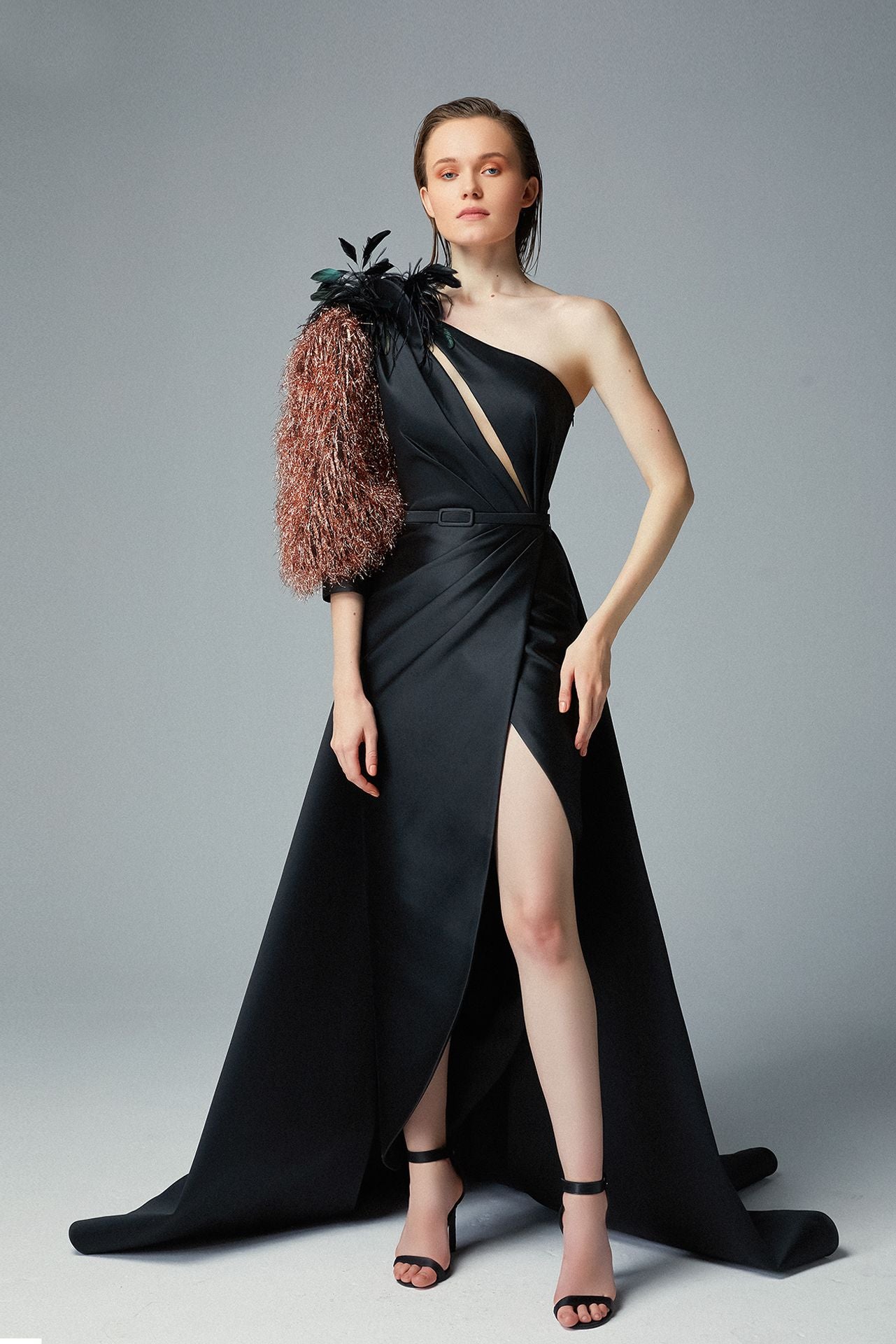 Puff Copper Organza Lurex Sleeve & One Shoulder Feather Ornament Black Cady Evening Dress