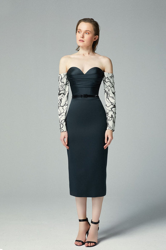 Load image into Gallery viewer, Sweetheart Midi Column Black Dress Off-white Detached Ivory and Black Jacquard Sleeves
