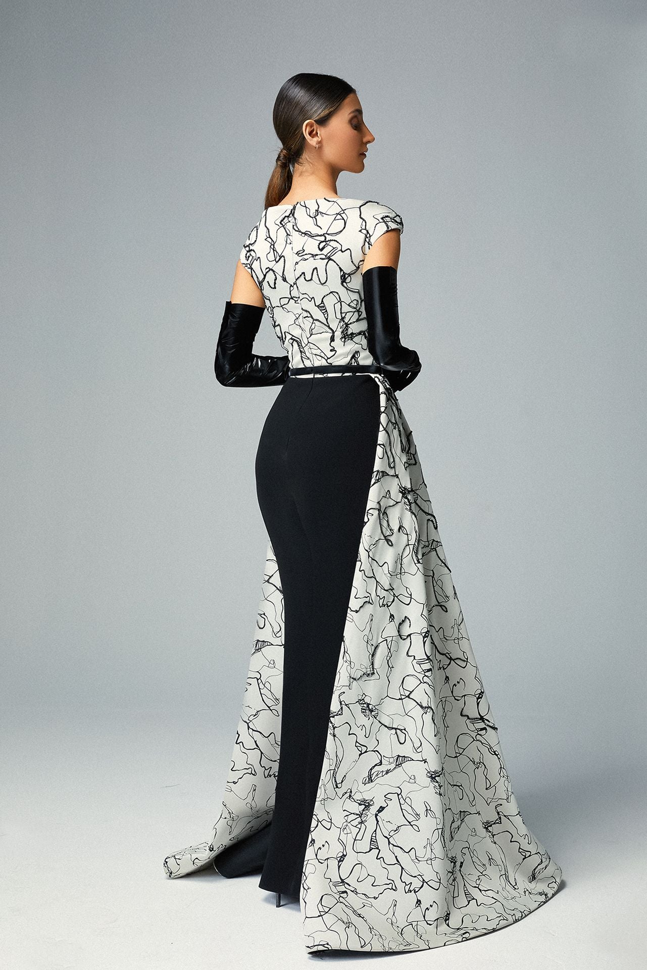 Embroidered Ivory-black Jacquard Evening Dress, Black Latex Gloves and Over-skirt