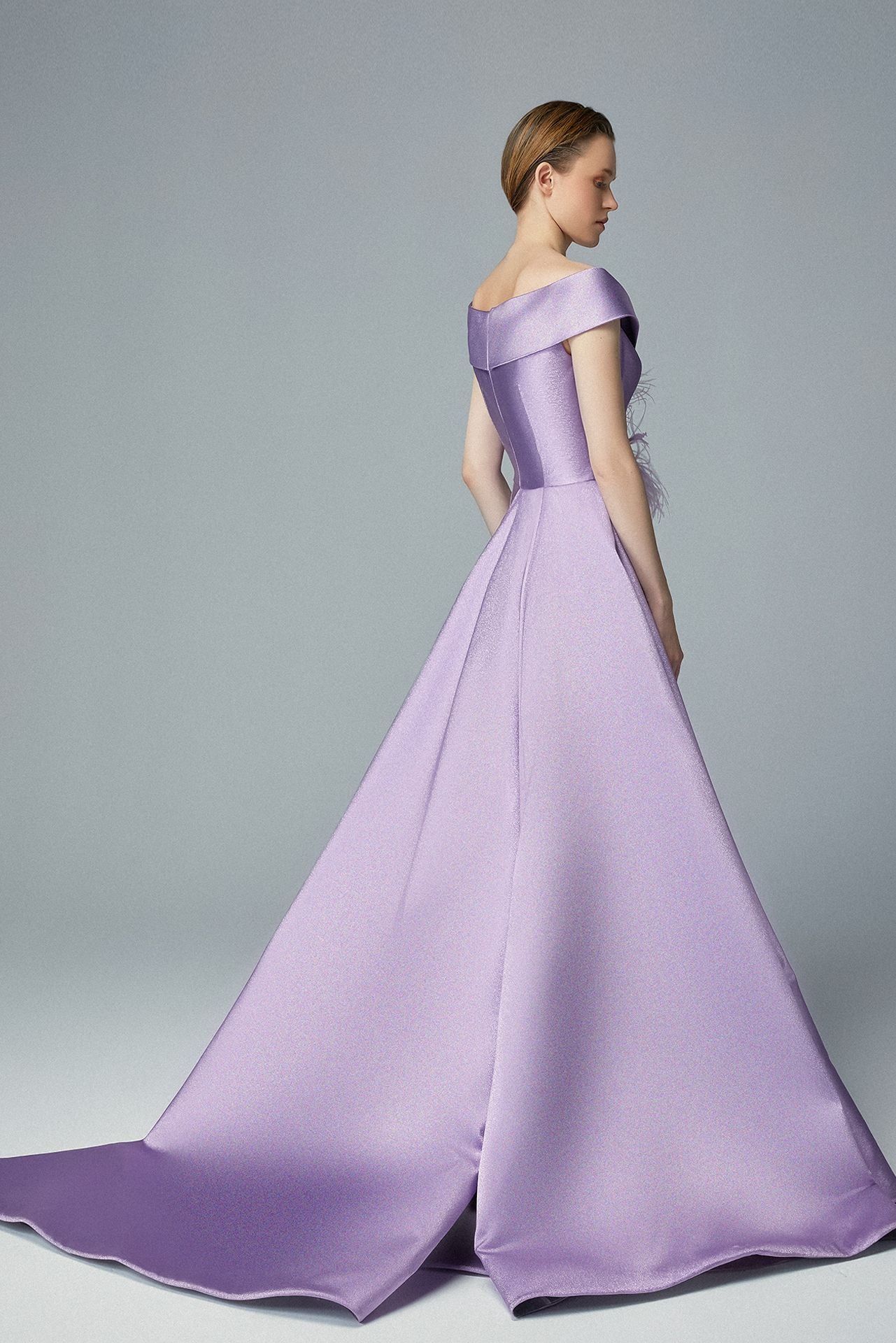 Off-shoulder Lilac Cady Evening Dress, Sweep Over Skirt & Feather Crystals Pin