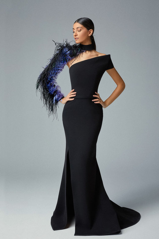 One-shoulder Crepe Black Evening Dress & Feathered Purple Organza Lurex Long Sleeve
