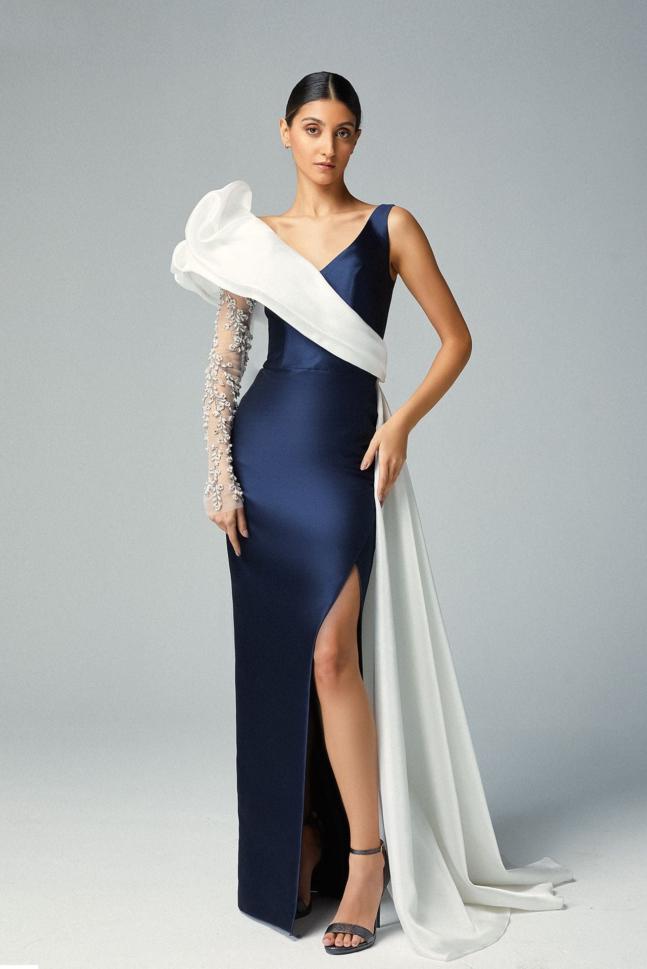 Swarovski embroidery Sheer Tulle Sleeve & Triple White Sashes of Tulle Cady Navy Blue Evening Dress