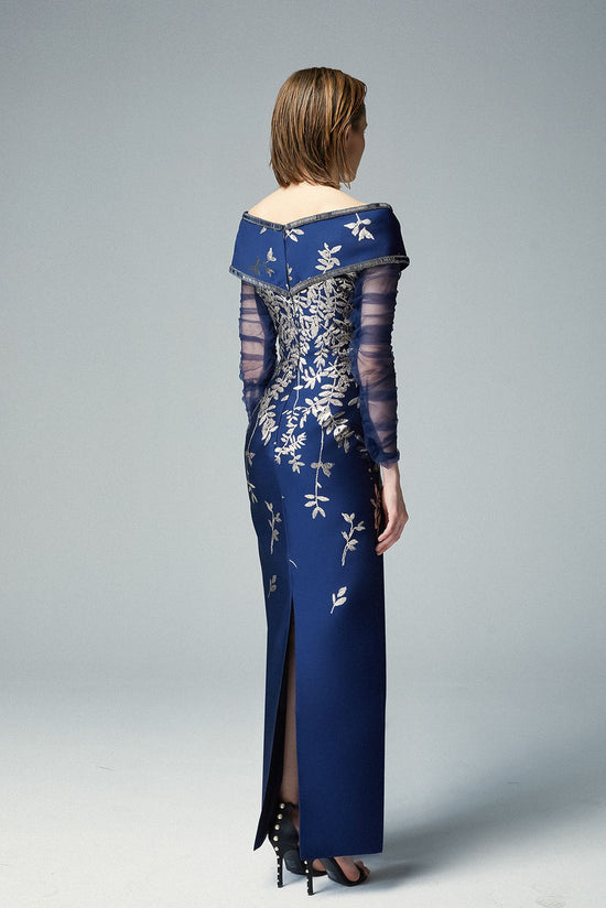 Pleated Sheer Tulle Sleeves, Off-shoulder Navy Jacquard Evening Dress & Silenus Embroidery