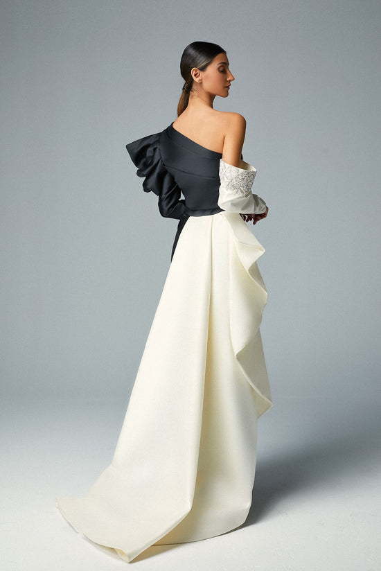 Black & Off-white Evening Dress, Swarovski Embroidery & White Cascading Over-skirt
