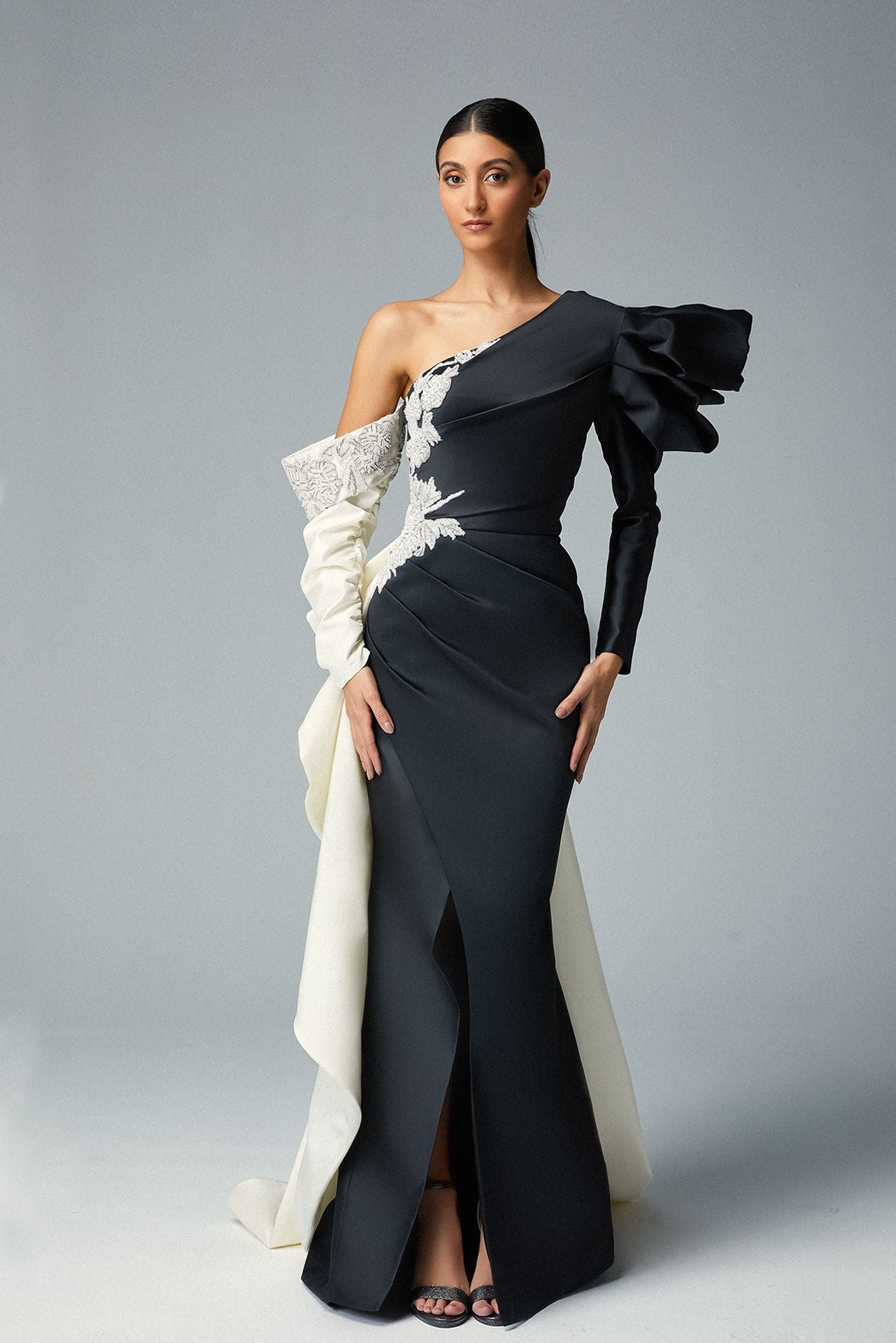 Black & Off-white Evening Dress, Swarovski Embroidery & White Cascadin Gattinolli by Marwan Black & Off-white Evening Dress, Swarovski Embroidery & White Cascadin Gattinolli by Marwan