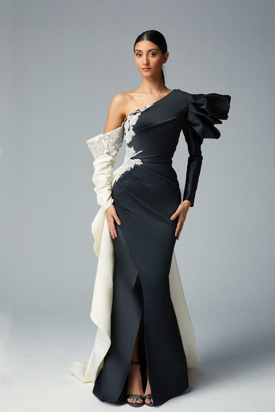 Black & Off-white Evening Dress, Swarovski Embroidery & White Cascadin – Gattinolli by Marwan Black & Off-white Evening Dress, Swarovski Embroidery & White Cascadin – Gattinolli by Marwan