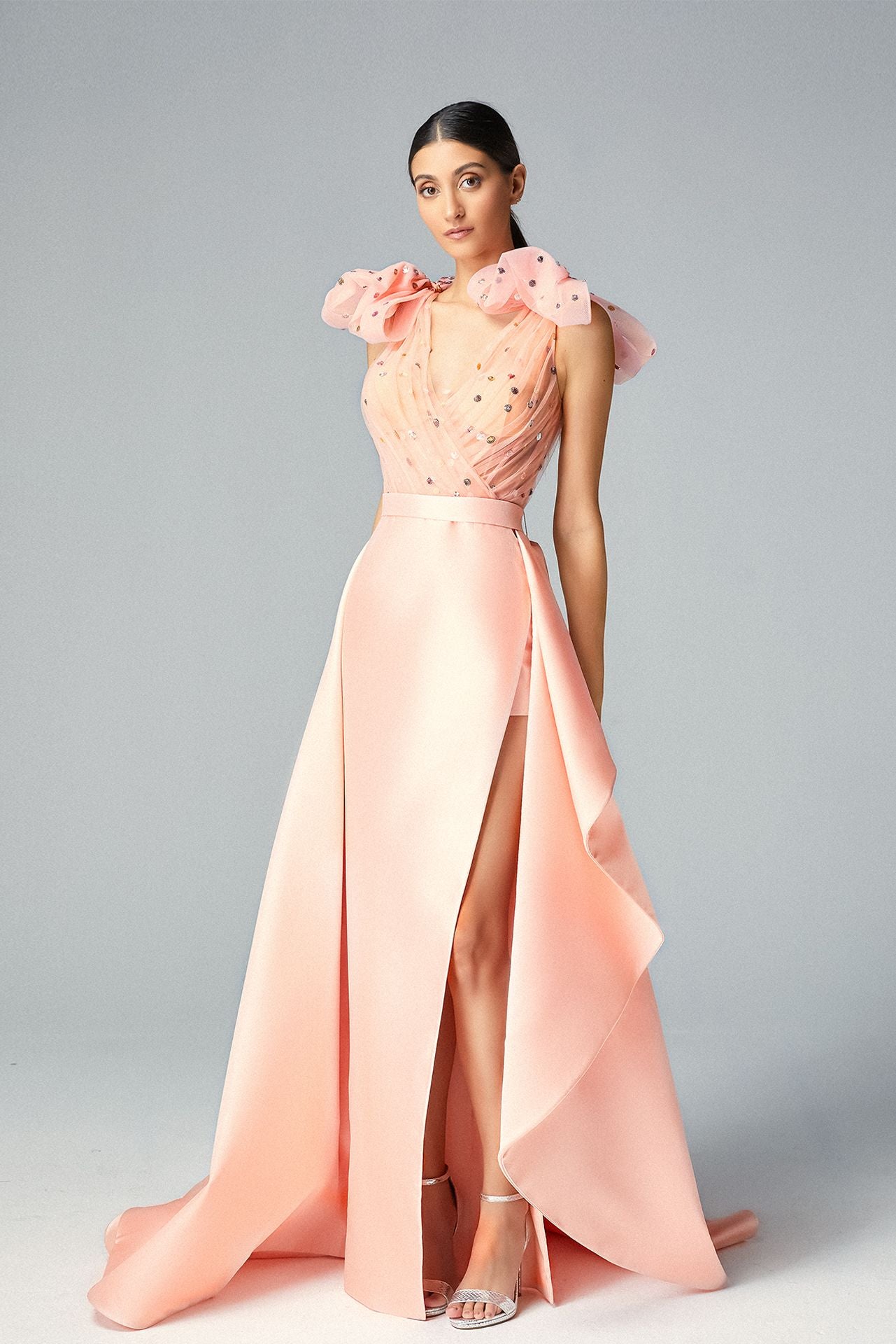 Load image into Gallery viewer, Draped Sequined Carnation Pink Tulle Top &amp;amp; shoulder Bow &amp;amp; Mikado Over Skirt
