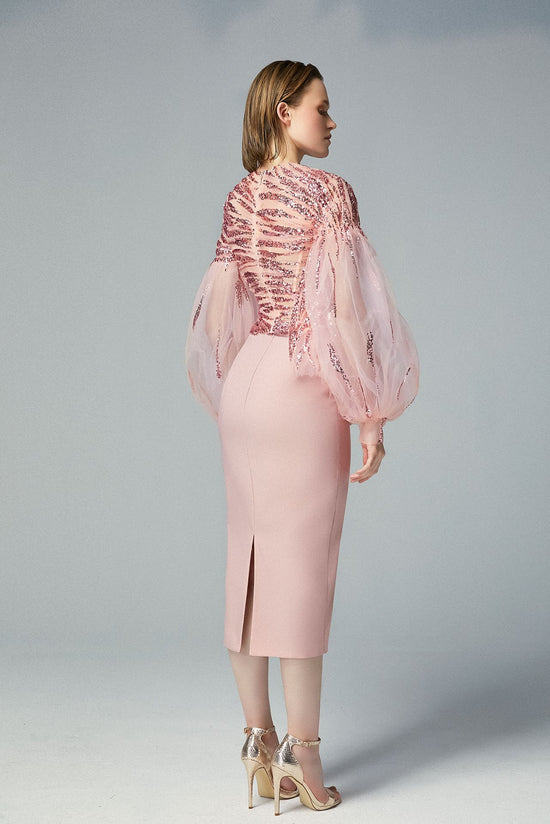 Load image into Gallery viewer, Sequined Dusty Pink Embroidered Tulle Midi Dress &amp;amp; Puffed Sheer Sleeves
