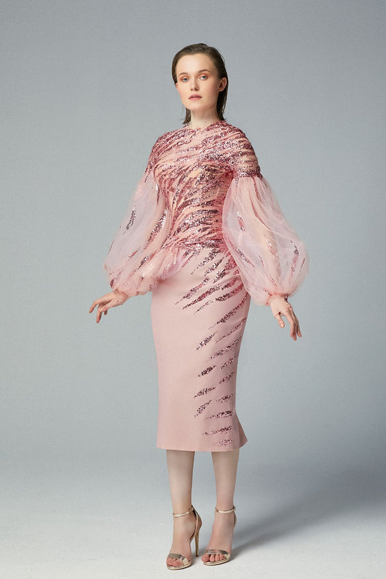 Load image into Gallery viewer, Sequined Dusty Pink Embroidered Tulle Midi Dress &amp;amp; Puffed Sheer Sleeves
