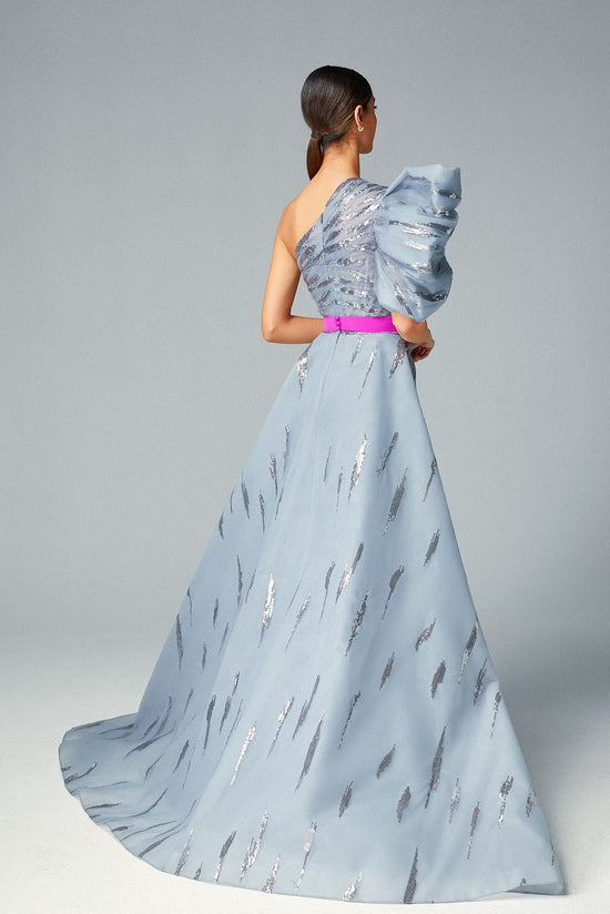 One-shoulder Venice Blue Tulle Evening Dress Fustian Belt & Feathered Over-skirt