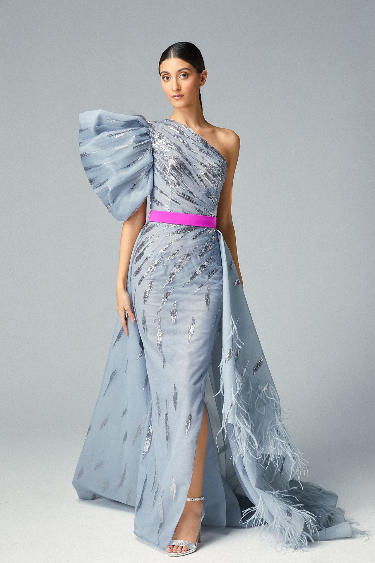 One-shoulder Venice Blue Tulle Evening Dress Fustian Belt & Feathered Over-skirt
