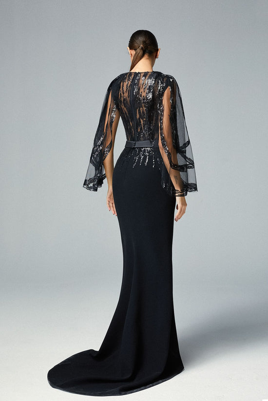 Load image into Gallery viewer, Plunging High-low Black Evening Dress Sequined Sheer Tulle Bell Sleeves &amp;amp; Crepe Skirt

