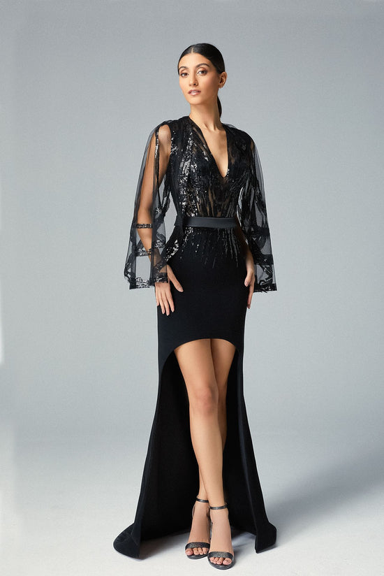 Plunging High-low Black Evening Dress Sequined Sheer Tulle Bell Sleeves & Crepe Skirt