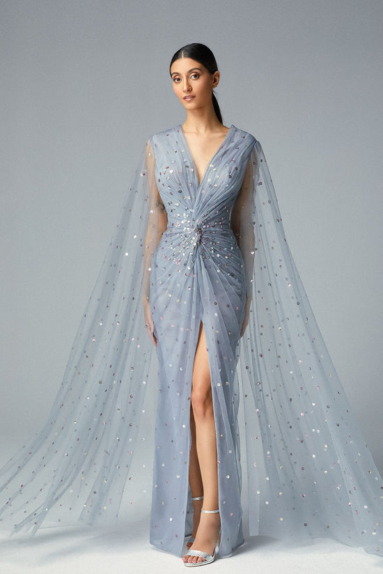 Sequined Silver Dots, Plunging Powder Tulle Evening Dress & Shoulder Veil Cape Tulle