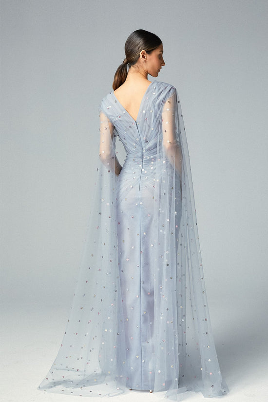 Sequined Silver Dots, Plunging Powder Tulle Evening Dress & Shoulder Veil Cape Tulle