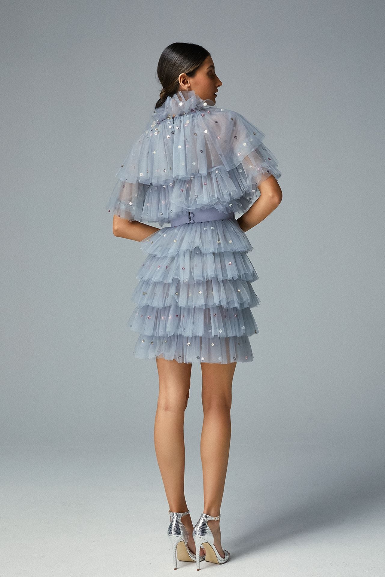 Sequined Silver Dots, a Multi Layered Ruffled Powder Blue Tulle