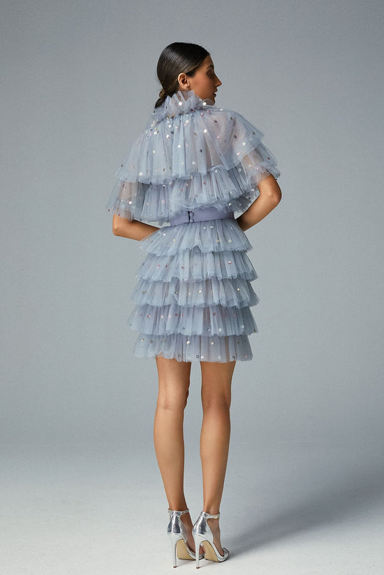 Load image into Gallery viewer, Sequined Silver Dots, a Multi Layered Ruffled Powder Blue Tulle
