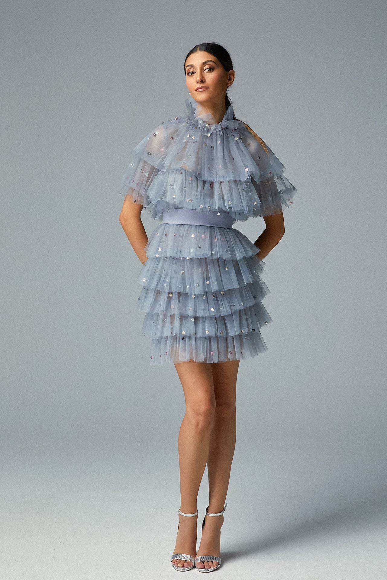 Sequined Silver Dots, a Multi Layered Ruffled Powder Blue Tulle
