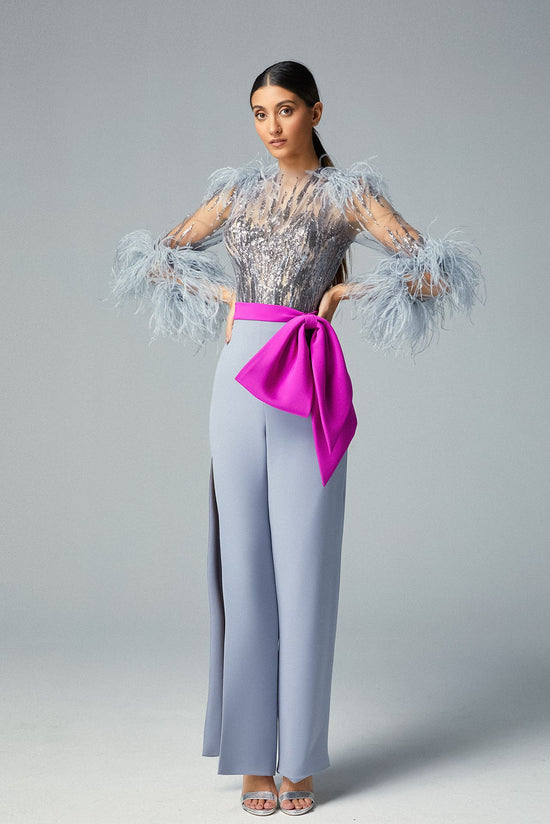 Sequined & Feathered Powder Blue Jumpsuit, with Crepe Fuchsia Bow Belt