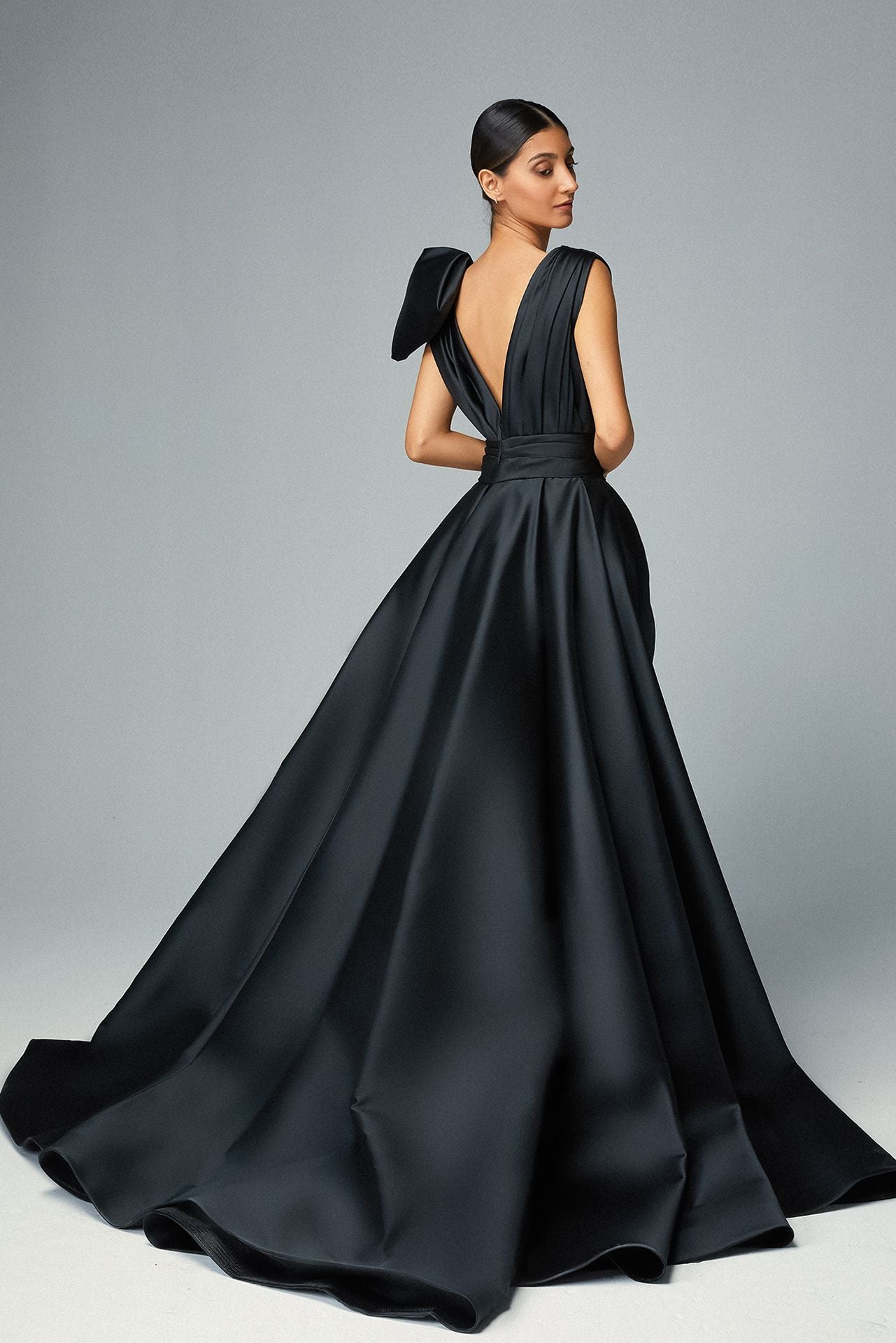Load image into Gallery viewer, Plunging Black Cady Evening Dress, Column Copper Organza Lurex &amp;amp; Over-skirt
