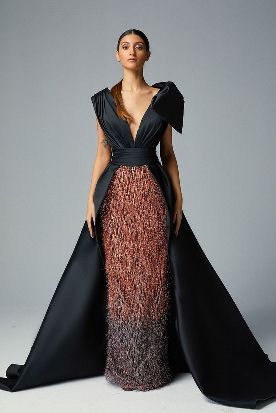 Plunging Black Cady Evening Dress, Column Copper Organza Lurex & Over-skirt