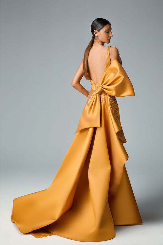 Load image into Gallery viewer, Gold Champagne Cady Evening Dress Draped Top Swarovski Crystal and Asymmetric Back Bow
