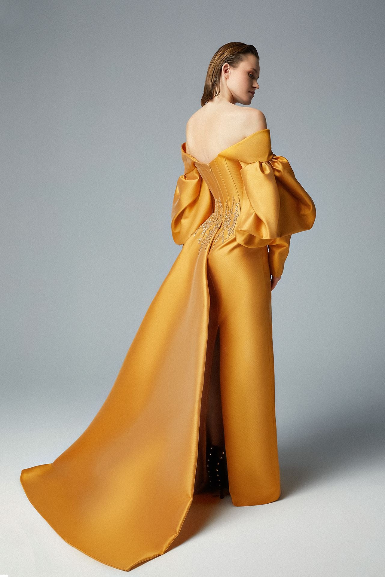 Off-shoulder Gold Champagne Cady Evening Dress Swarovski Crystal & Sweep Over-skirt