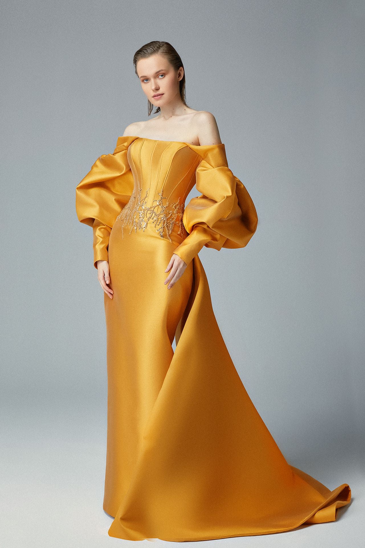 Off-shoulder Gold Champagne Cady Evening Dress Swarovski Crystal & Swe Gattinolli by Marwan Off-shoulder Gold Champagne Cady Evening Dress Swarovski Crystal & Swe Gattinolli by Marwan