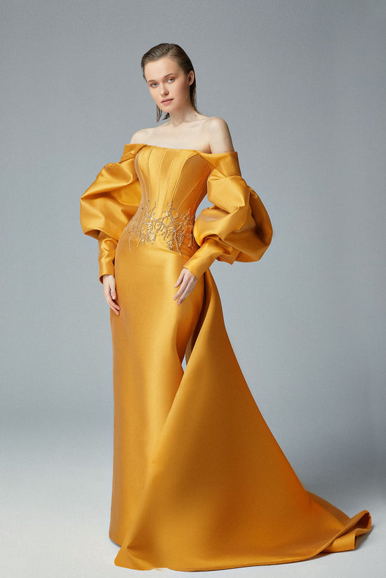 Load image into Gallery viewer, Off-shoulder Gold Champagne Cady Evening Dress Swarovski Crystal &amp;amp; Sweep Over-skirt
