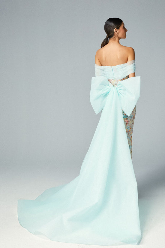 Load image into Gallery viewer, Off-shoulder Aqua Teal Tulle &amp;amp; Embroidered Pastel Patchwork Fabric Print Evening Dress
