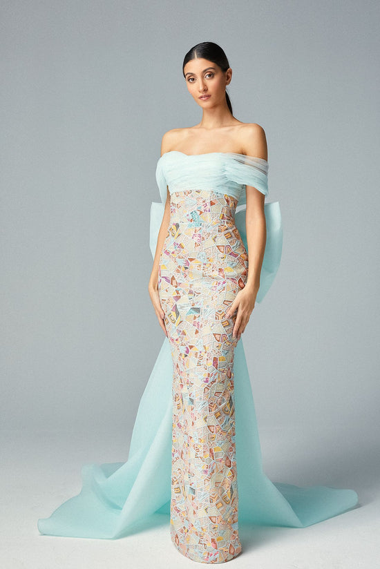Off-shoulder Aqua Teal Tulle & Embroidered Pastel Patchwork Fabric Pri – Gattinolli by Marwan Off-shoulder Aqua Teal Tulle & Embroidered Pastel Patchwork Fabric Pri – Gattinolli by Marwan