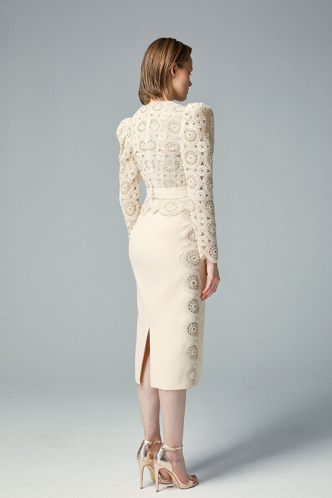 Load image into Gallery viewer, Beige Floral Guipure Lace Top Crepe Midi Skirt
