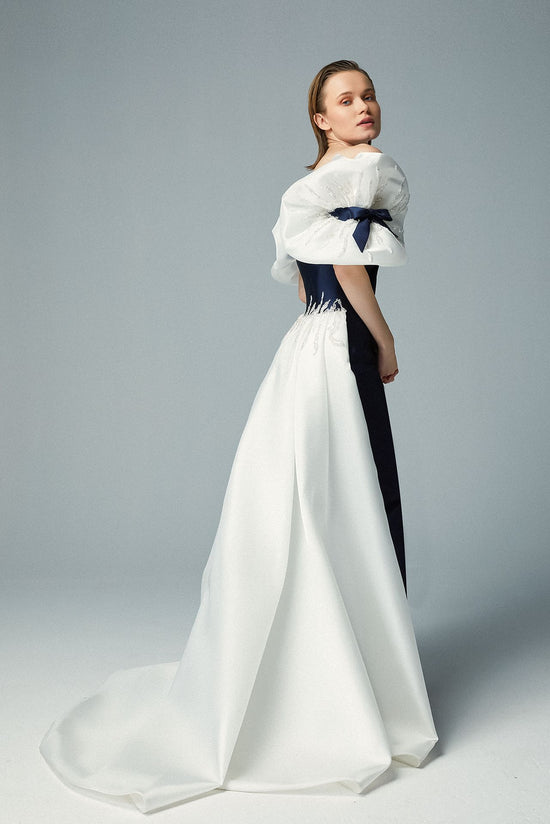 Off Shoulder Navy Blue Cady Evening Dress, Triple Off-white Organza Bow & Over-skirt