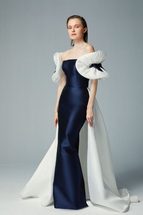 Off Shoulder Navy Blue Cady Evening Dress, Triple Off-white Organza Bow & Over-skirt