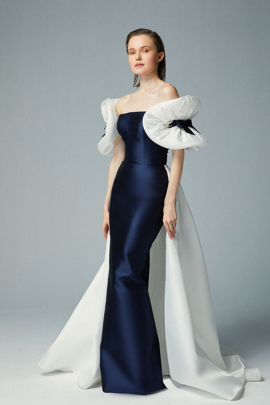 Off Shoulder Navy Blue Cady Evening Dress, Triple Off-white Organza Bo Gattinolli by Marwan Off Shoulder Navy Blue Cady Evening Dress, Triple Off-white Organza Bo Gattinolli by Marwan