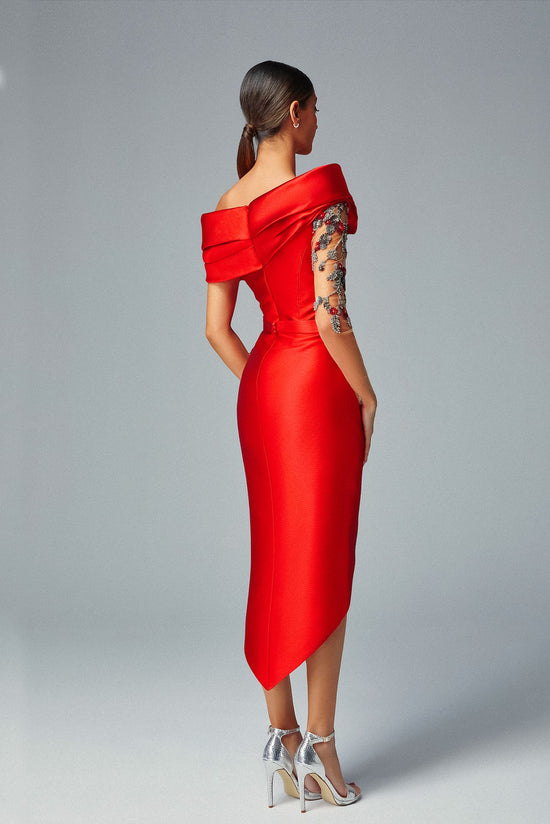 Crimson Cady Midi Dress & Swarovski Embroidered Sheer Sleeve