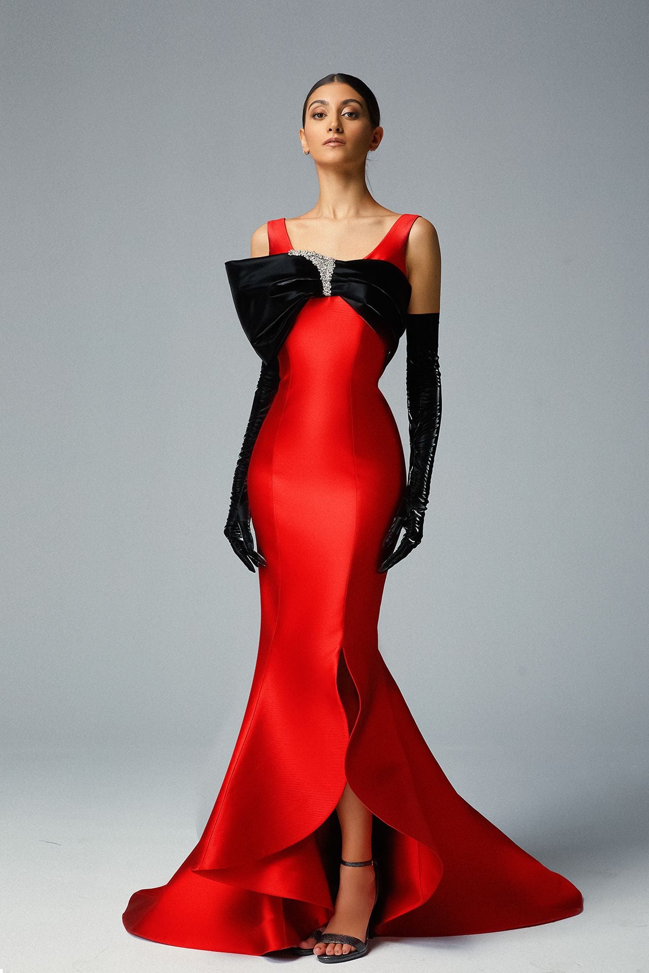 Strapped Crimson Cady Evening Dress, Black Bow & Swarovski Motifs