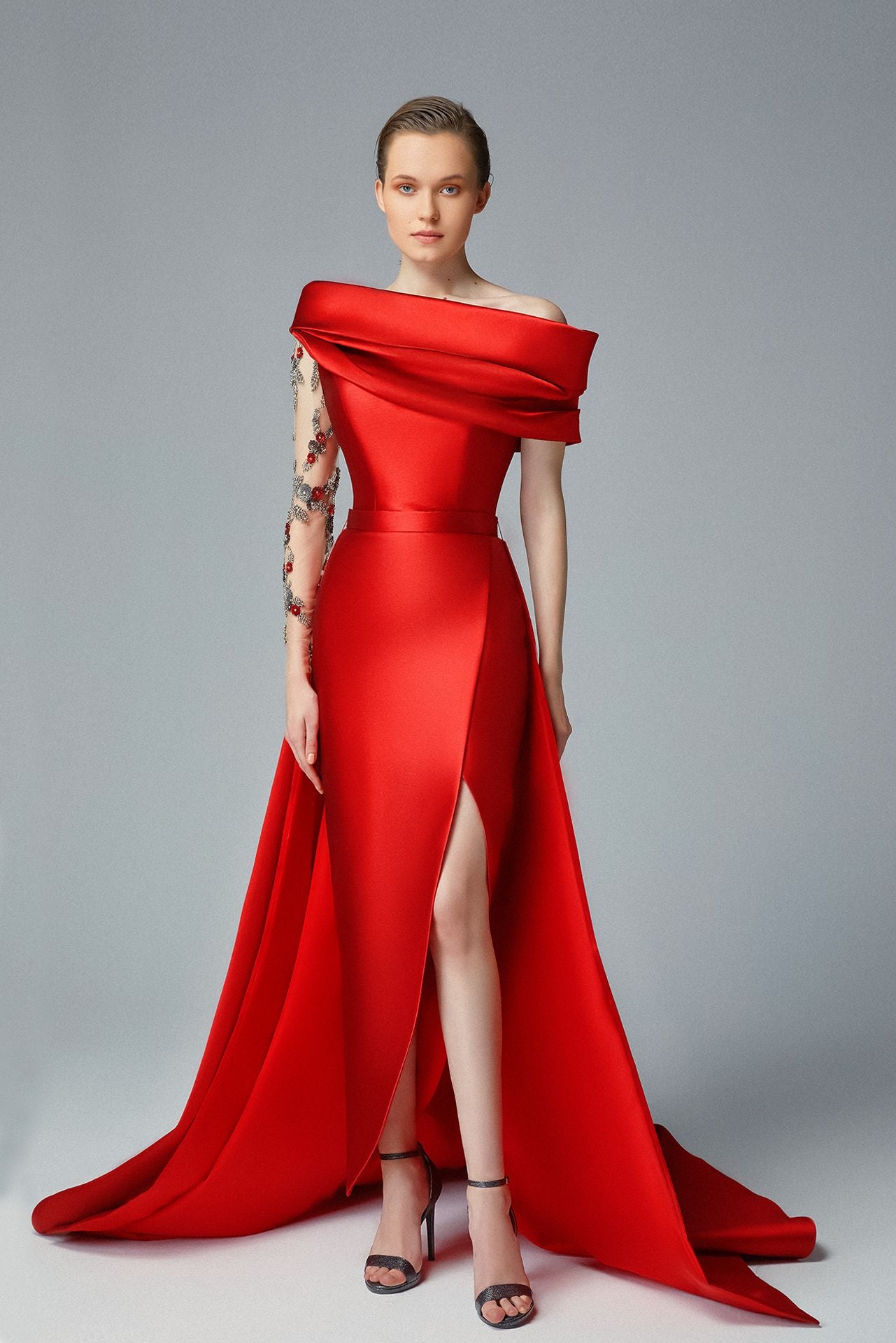 Crimson Cady Evening Dress & Swarovski Embroidered Sheer