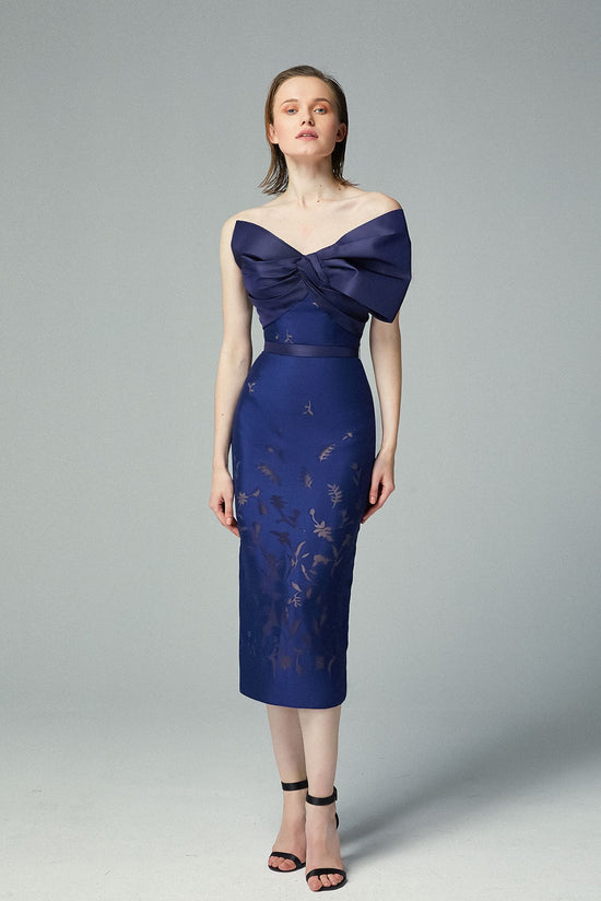 Load image into Gallery viewer, Off-shoulder Navy Blue Crepe Devore Midi Dress, Transparent Floral Pattern &amp;amp; Taffetas Bow
