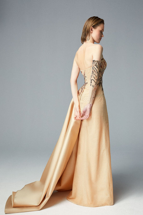Champagne Beaded Asymmetrical Neck Prom Dress With Split Evening Gowns –  SQOSA